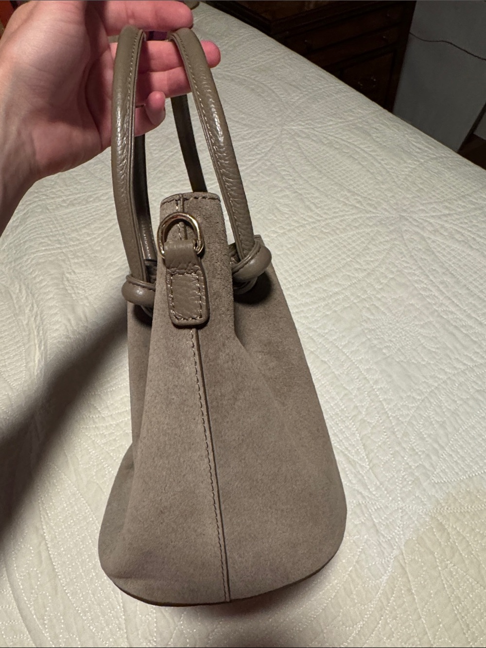 Suede Knot-Handle Shoulder Bag in Taupe - Picture 2 of 6